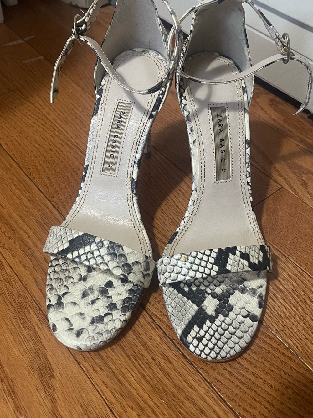 Zara Snake-Print Ankle-Strap Heels in Black & White